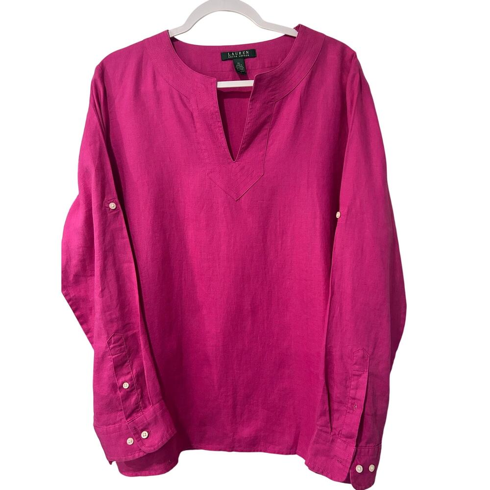 Lauren Ralph Lauren 100% Linen Tunic Boho Top Lagenlook Pink Long Sleeve XL